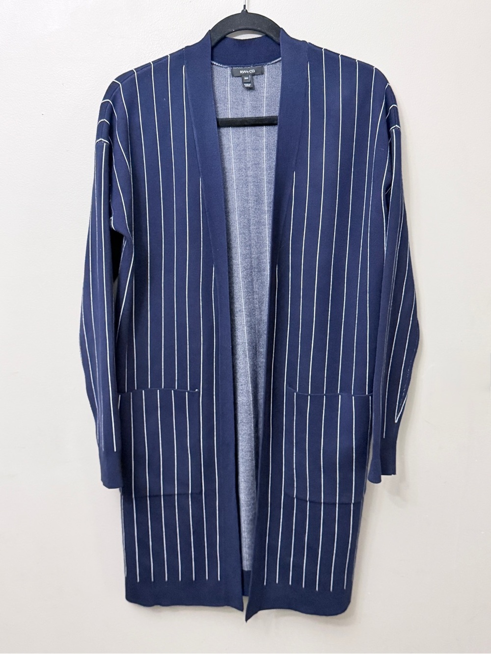 RW&CO Navy Blue Pinstripe Long Open Front Cardigan Sweater M